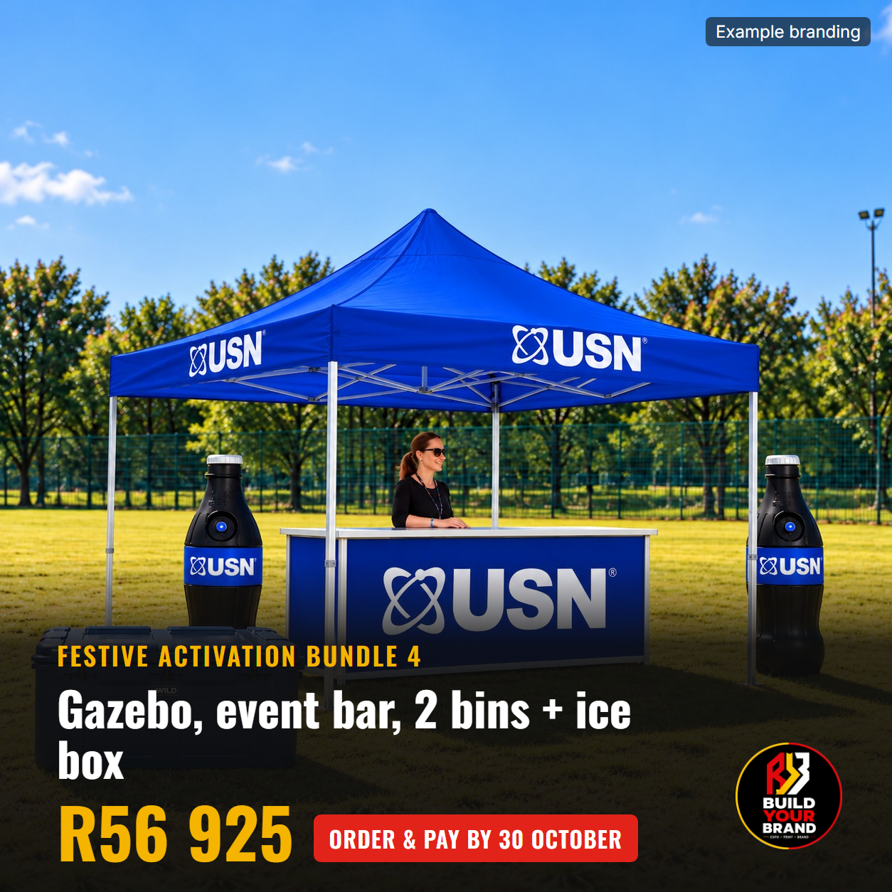Festive Activation Bundle 4: branded 3m gazebo, collapsible event bar, two waste bins and a WILD 140 ice box