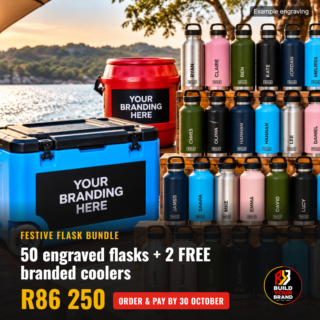 50 engraved stainless steel flasks with two free branded coolers