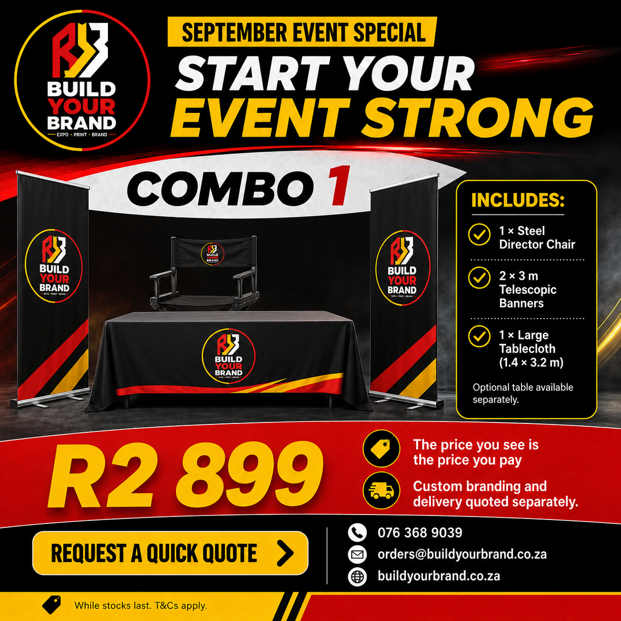 Build Your Brand Combo 1 with a steel director chair, two telescopic banners and a large tablecloth