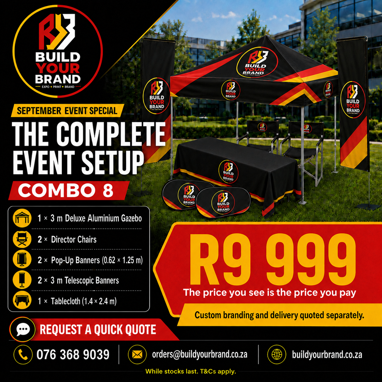 Build Your Brand Combo 8 with a 3 metre deluxe aluminium gazebo with a branded dark roof, director chairs, pop-up banners, telescopic banners and tablecloth