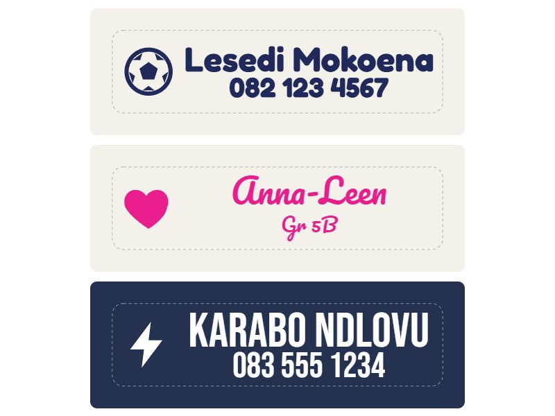 Iron-on clothing name labels with names and pictures