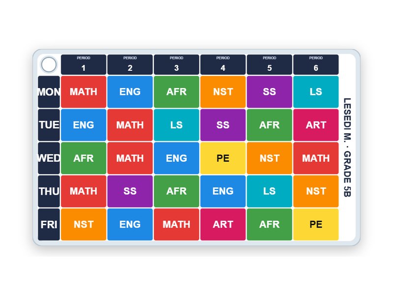 Colour timetable tag for a school bag